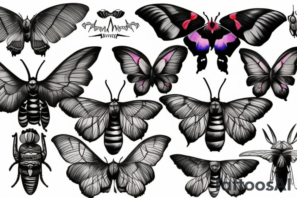 African death's head hawk moth head with Luna moth wings and elephant hawk moth coloring tattoo idea