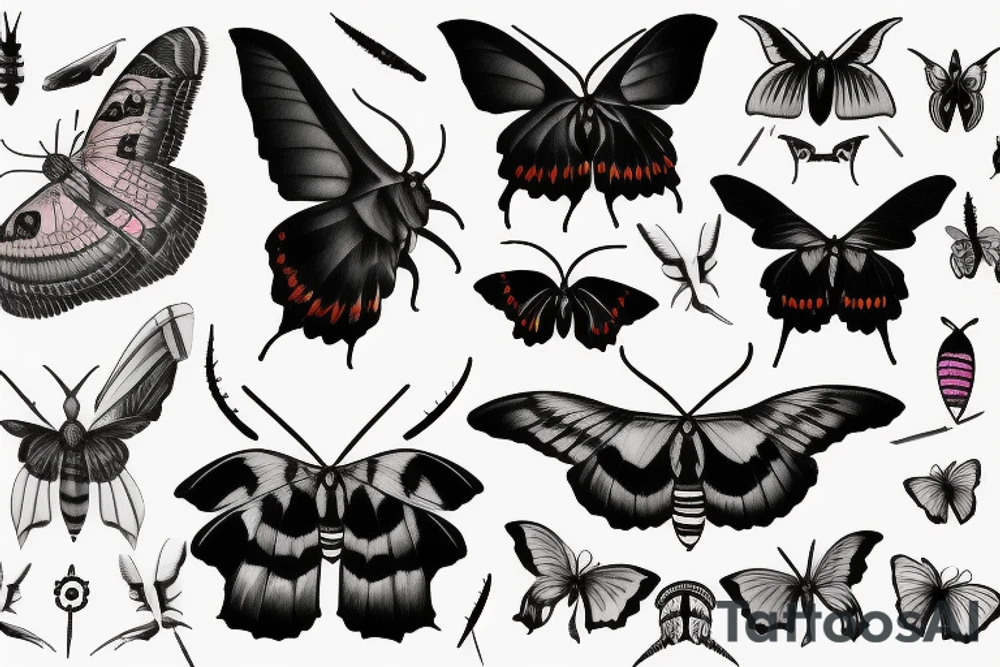 African death's head hawk moth head with Luna moth wings and elephant hawk moth coloring tattoo idea