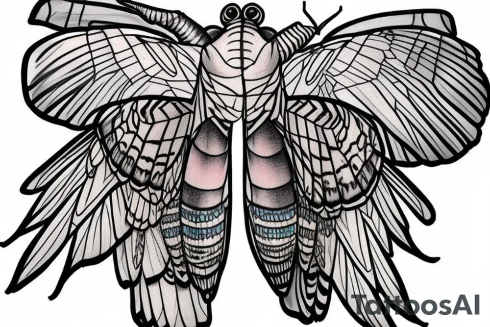 African death's head hawk moth head with Luna moth wings and elephant hawk moth coloring tattoo idea