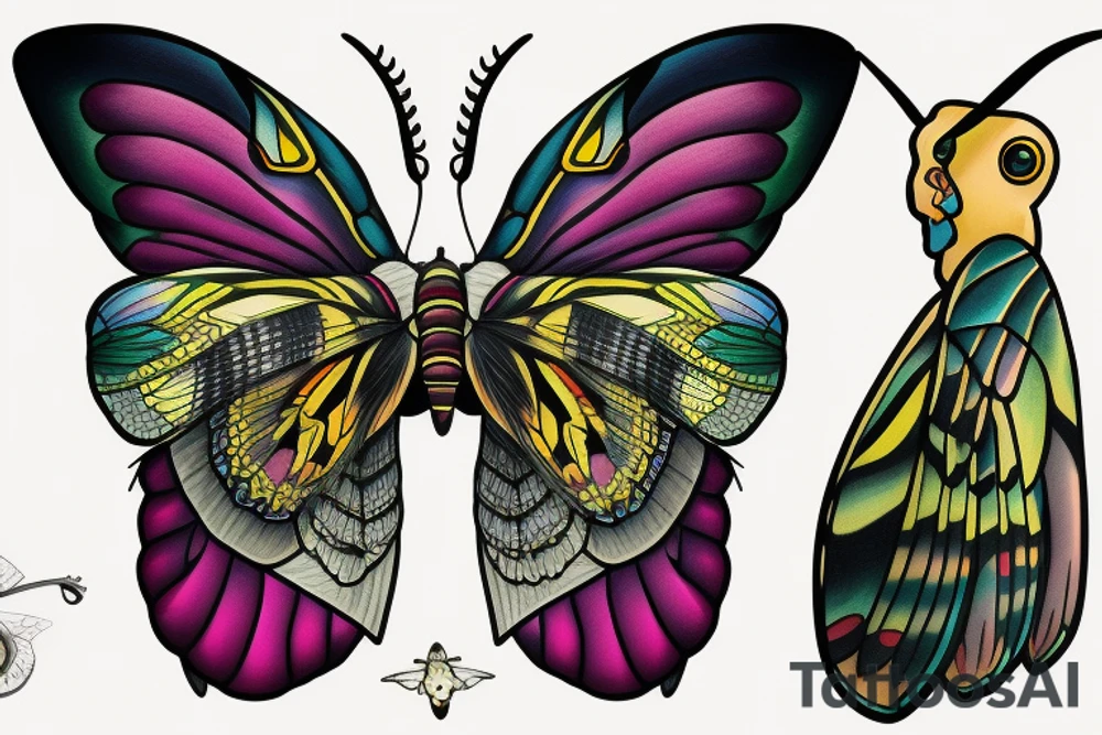 African death's head hawk moth head with Luna moth wings and elephant hawk moth coloring tattoo idea