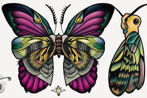 African death's head hawk moth head with Luna moth wings and elephant hawk moth coloring tattoo idea