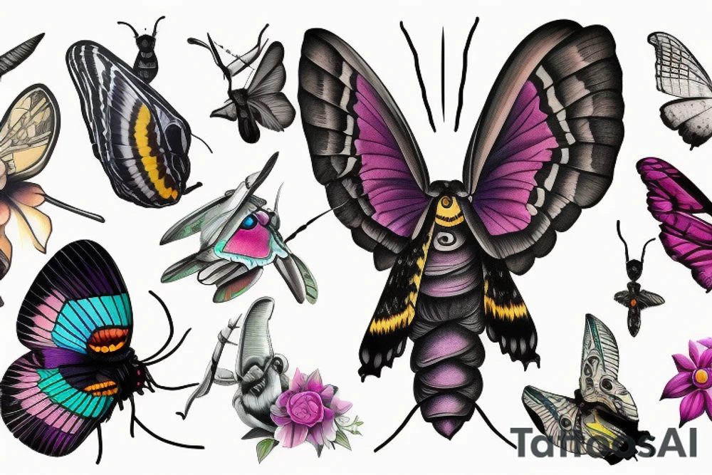 African death's head hawk moth head with Luna moth wings and elephant hawk moth coloring tattoo idea