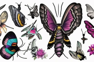 African death's head hawk moth head with Luna moth wings and elephant hawk moth coloring tattoo idea