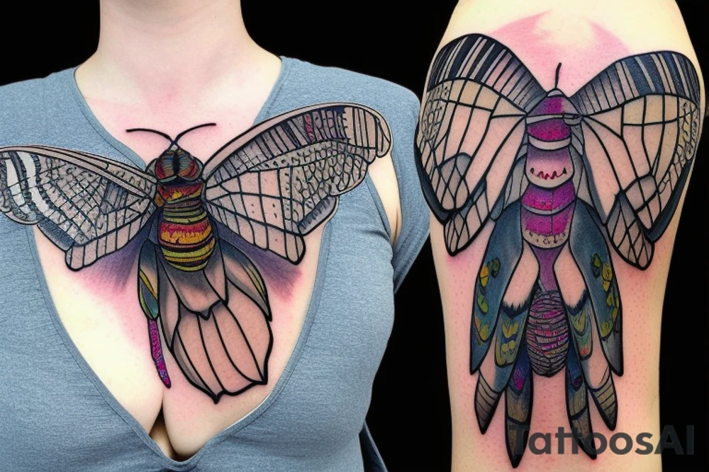 African death's head hawk moth head with Luna moth wings and elephant hawk moth coloring tattoo idea