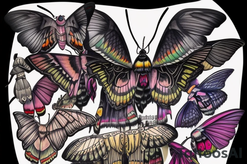 African death's head hawk moth head with Luna moth wings and elephant hawk moth coloring tattoo idea