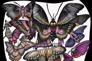 African death's head hawk moth head with Luna moth wings and elephant hawk moth coloring tattoo idea
