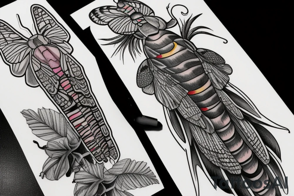 African death's head hawk moth body with Luna moth wings and elephant hawk moth coloring tattoo idea