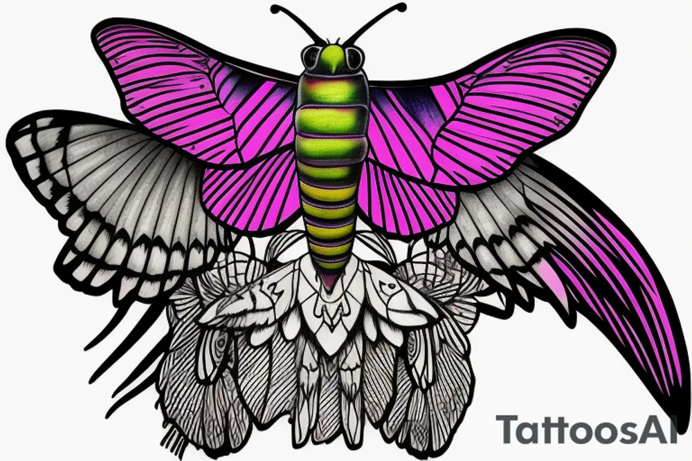 African death's head hawk moth body with Luna moth wings and elephant hawk moth coloring tattoo idea