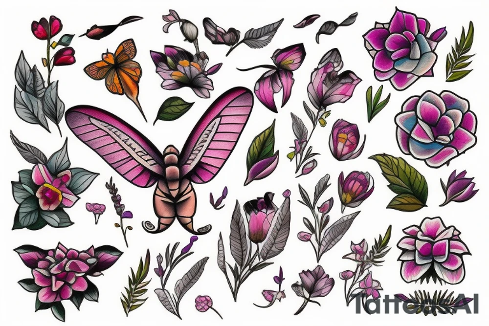 Elephant hawk-moth and flowers tattoo idea