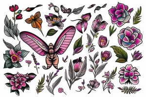 Elephant hawk-moth and flowers tattoo idea