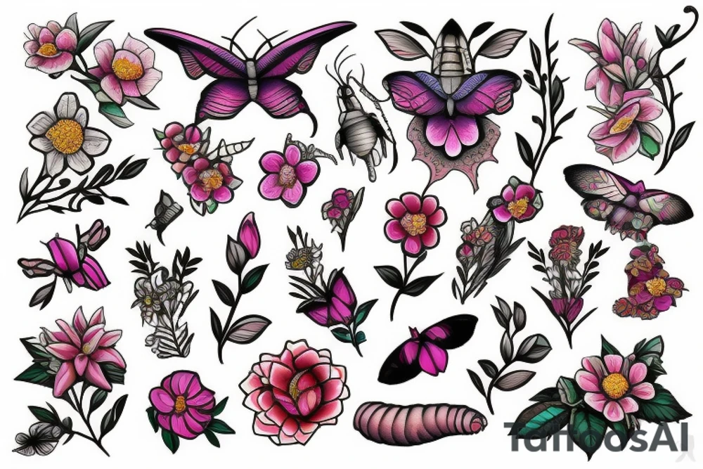 Elephant hawk-moth and flowers tattoo idea