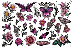 Elephant hawk-moth and flowers tattoo idea