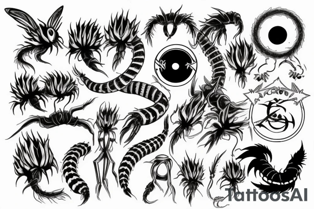 The fairy tail symbol circled by a red headed centipede tattoo idea