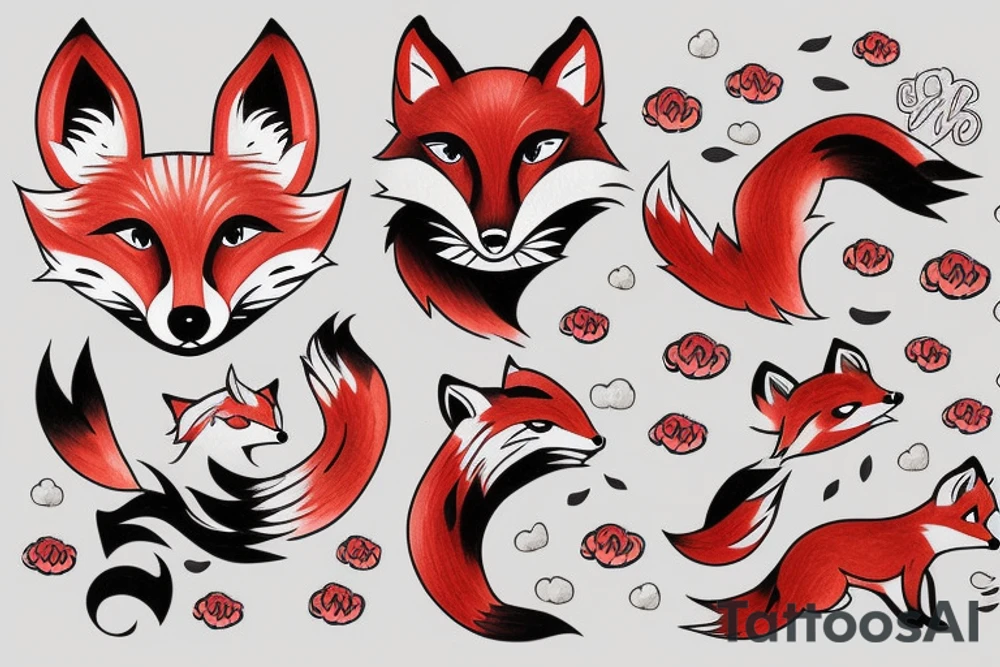 A fox tattoo with red clouds tattoo idea