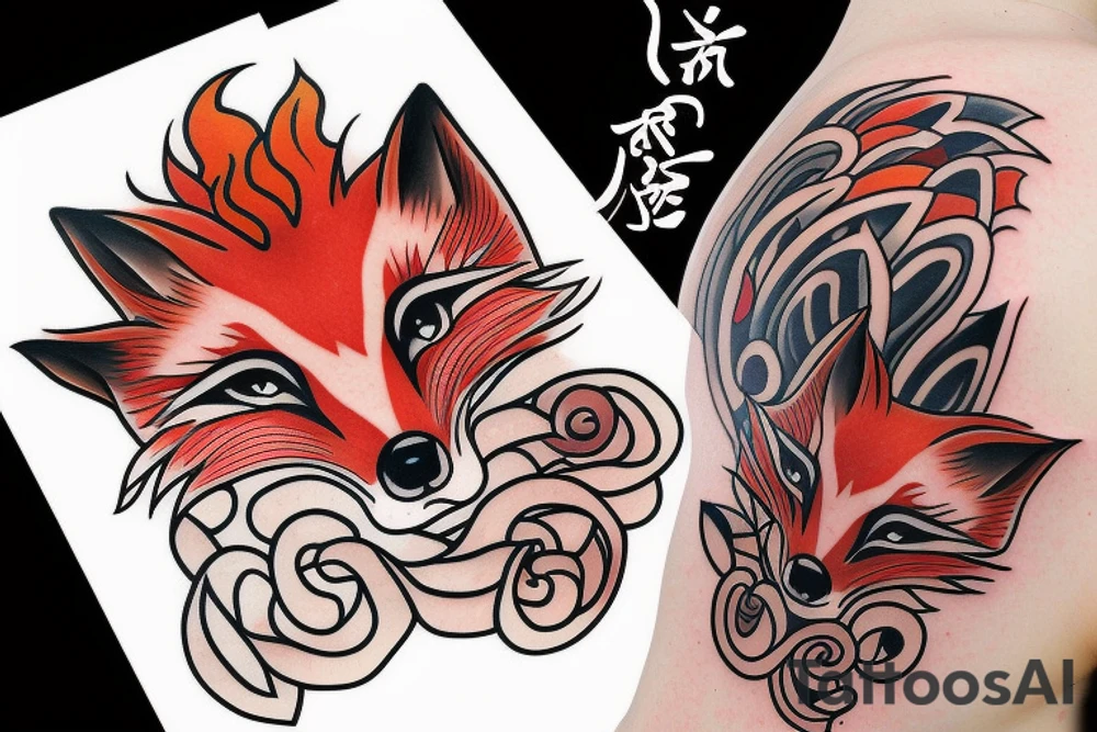 A fox tattoo with red clouds tattoo idea