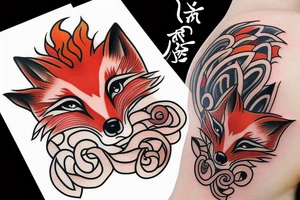 A fox tattoo with red clouds tattoo idea