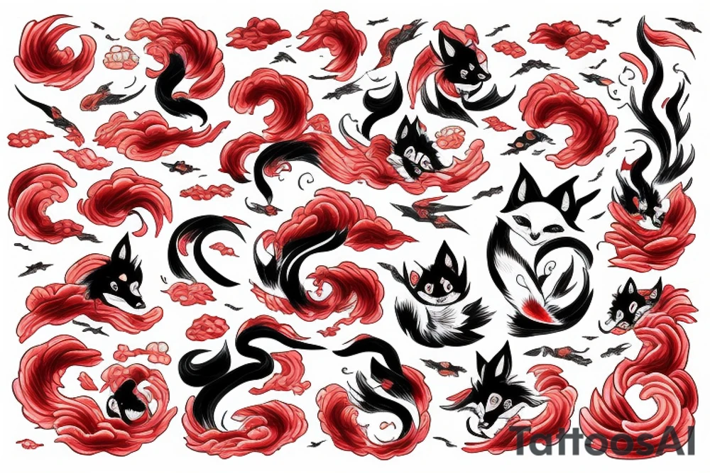 A kitsune woman surrounded by red clouds tattoo idea