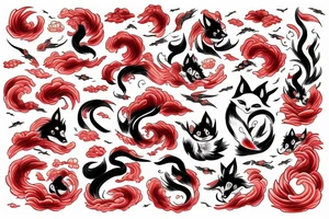 A kitsune woman surrounded by red clouds tattoo idea