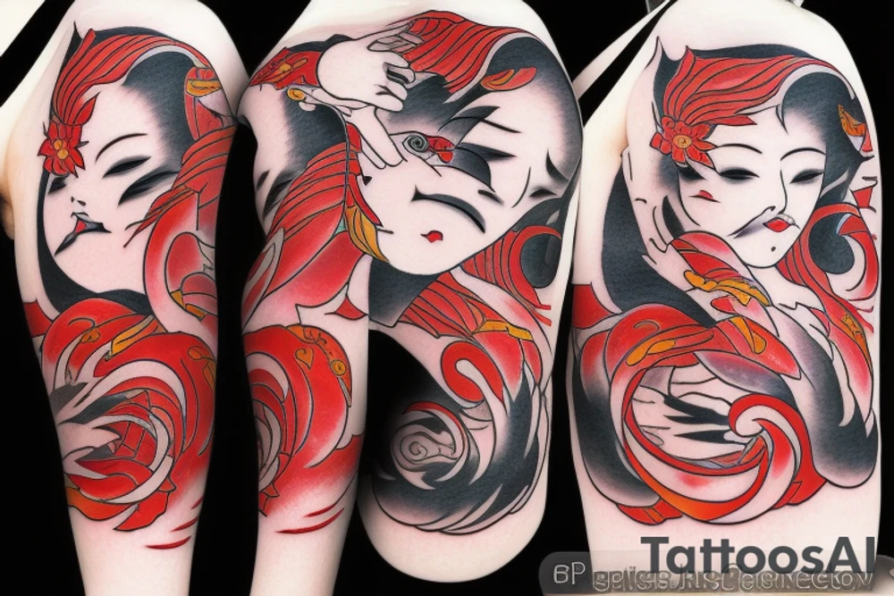 A kitsune woman surrounded by red clouds tattoo idea