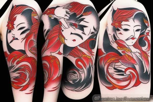 A kitsune woman surrounded by red clouds tattoo idea