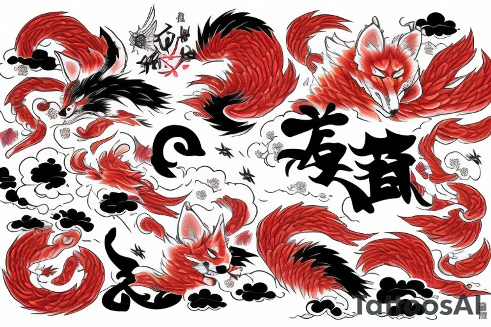 A kitsune surrounded by red clouds tattoo idea