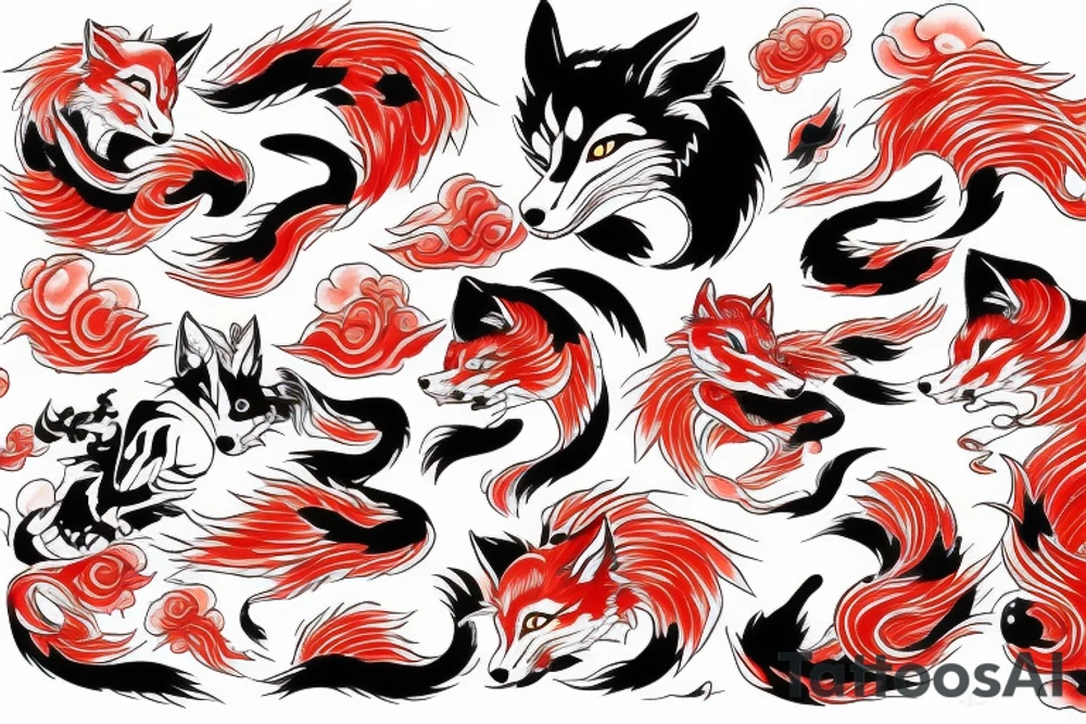A kitsune surrounded by red clouds tattoo idea