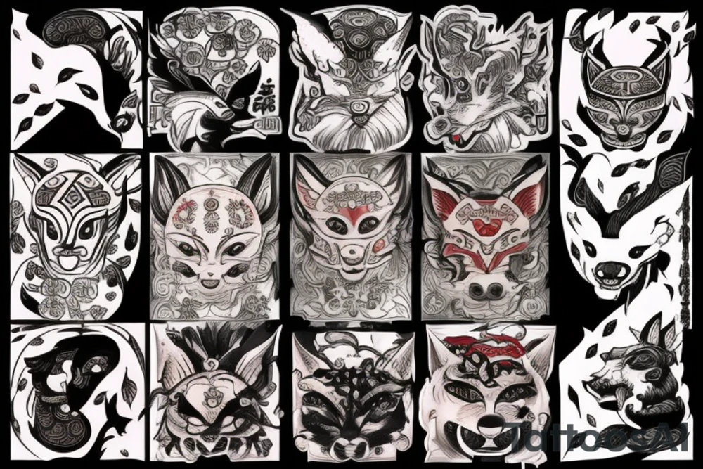 An irezumi containing a fox and an oni mask tattoo idea