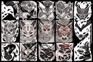 An irezumi containing a fox and an oni mask tattoo idea