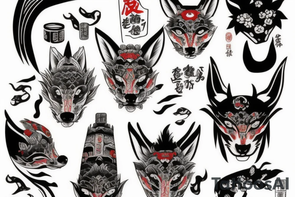 An irezumi containing a fox and an oni mask tattoo idea
