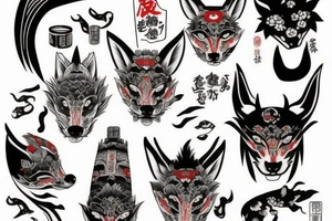 An irezumi containing a fox and an oni mask tattoo idea