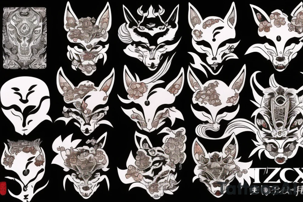 An irezumi containing a fox and an oni mask tattoo idea