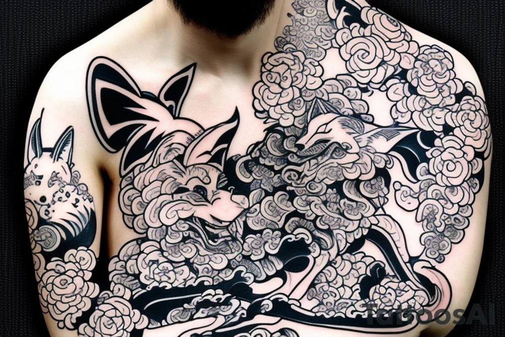 An irezumi containing a fox and an oni mask tattoo idea