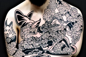 An irezumi containing a fox and an oni mask tattoo idea