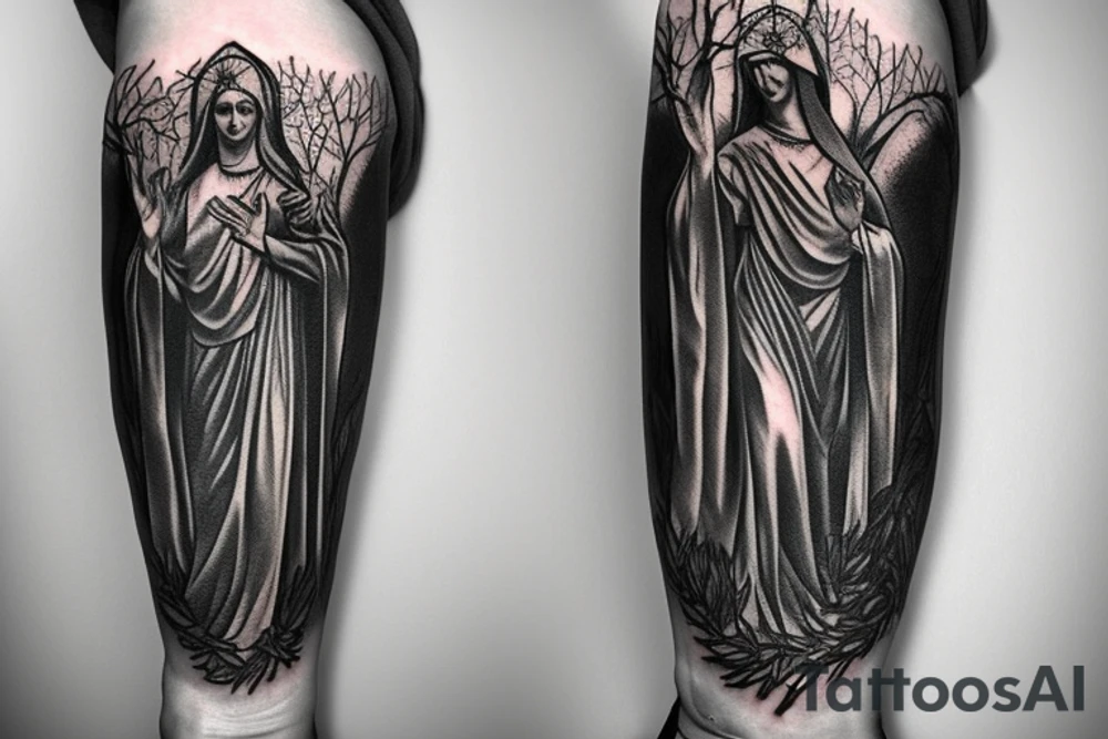 tree vines around a statue of mother mary holding jesus for an arm sleeve tattoo idea