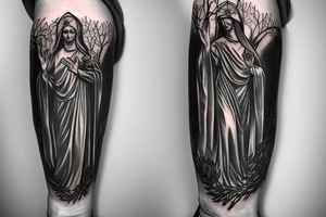 tree vines around a statue of mother mary holding jesus for an arm sleeve tattoo idea