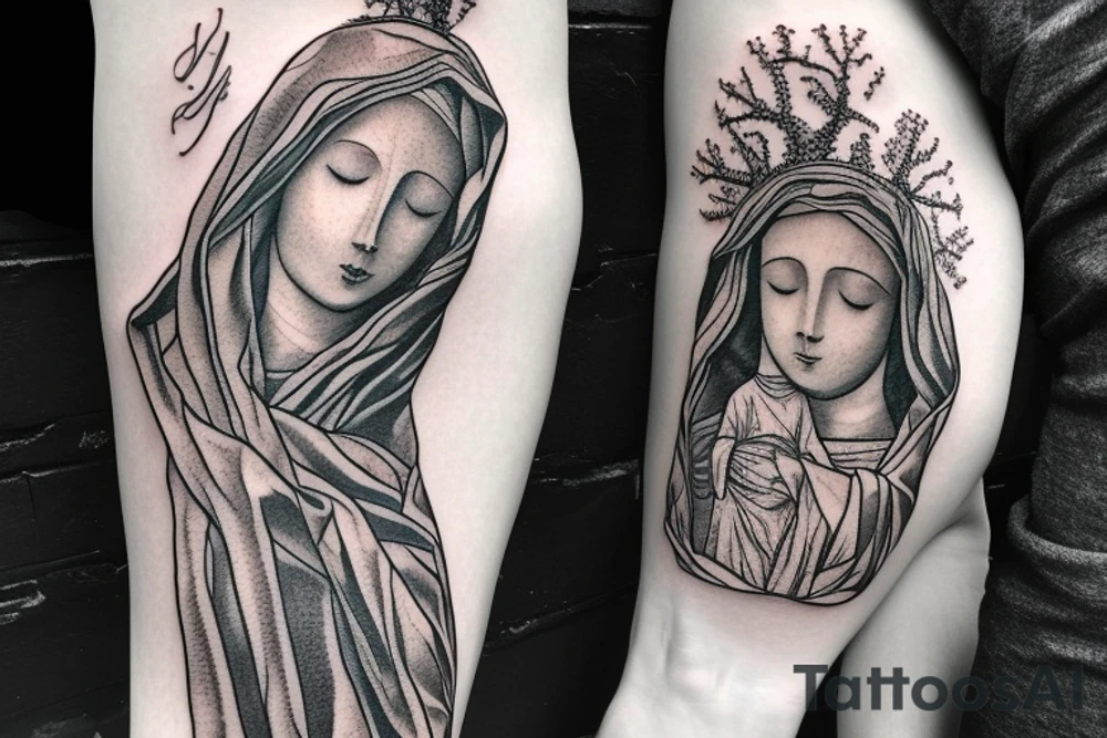 tree vines around a statue of mother mary holding jesus for an arm sleeve tattoo idea