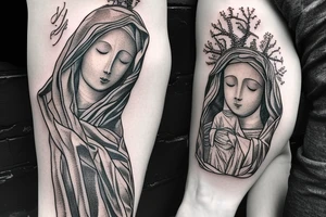 tree vines around a statue of mother mary holding jesus for an arm sleeve tattoo idea