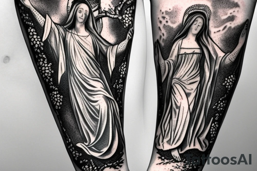 tree vines around a statue of mary holding jesus for an arm sleeve tattoo idea