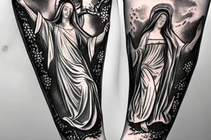 tree vines around a statue of mary holding jesus for an arm sleeve tattoo idea