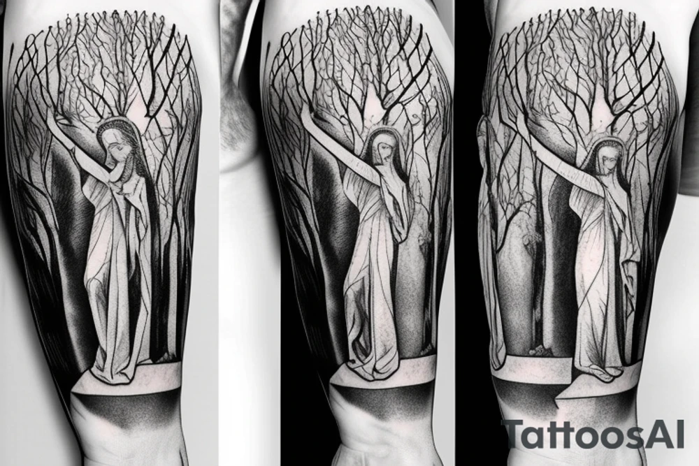 tree vines around a statue of mary holding jesus for an arm sleeve tattoo idea