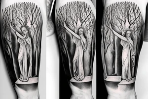 tree vines around a statue of mary holding jesus for an arm sleeve tattoo idea