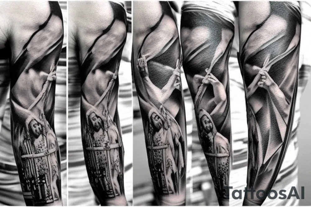 Jesus on the cross statue sleeve tattoo idea