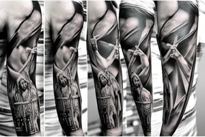 Jesus on the cross statue sleeve tattoo idea
