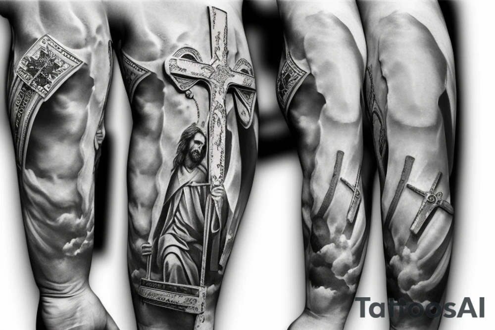 Jesus on the cross statue sleeve tattoo idea