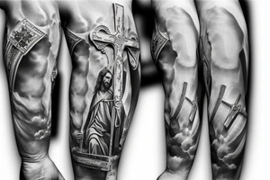 Jesus on the cross statue sleeve tattoo idea
