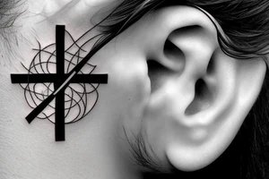 cross behind the ear tattoo idea