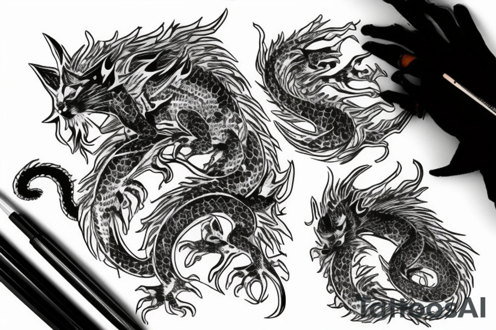 ninja cat sitting on the back of a dragon tattoo idea