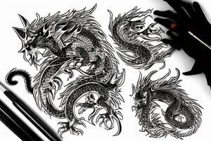 ninja cat sitting on the back of a dragon tattoo idea