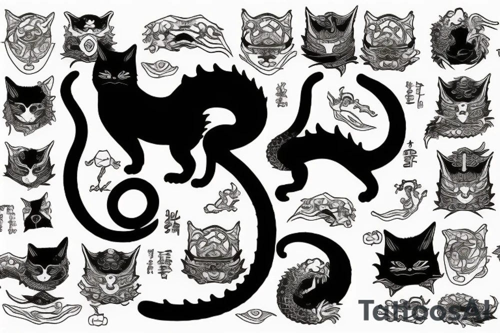 ninja cat sitting on the back of a dragon tattoo idea