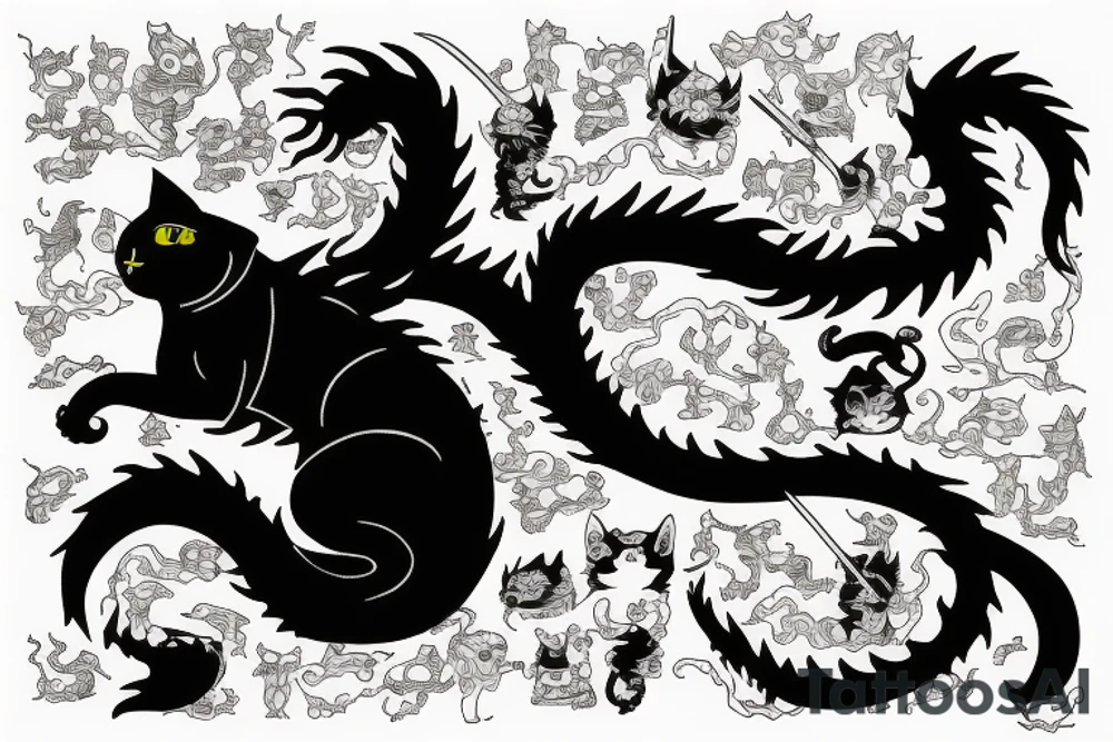 ninja cat sitting on the back of a dragon tattoo idea